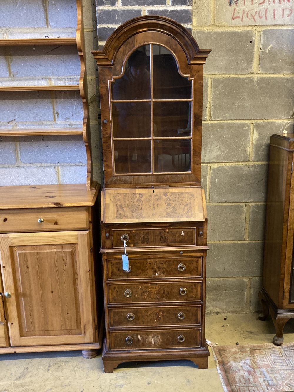 A small Queen Anne style burr yew bureau bookcase, width 48cm, depth 36cm, height 160cm